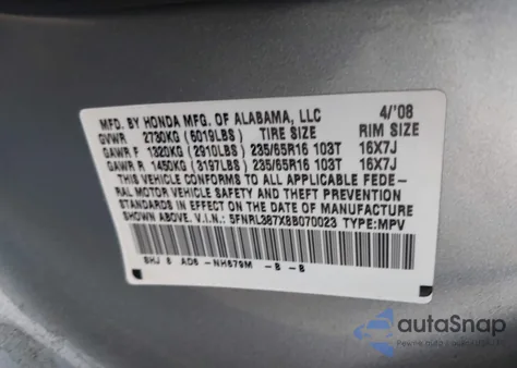 2008 Honda Odyssey Ex-L из США, поврежденный, VIN 5FNRL387X8B070023